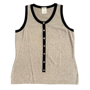AUTHENTIC CHANEL GREY SLEEVELESS GOLD BUTTON TOP W/NAVY BLUE TRIM SIZE 40 EURO